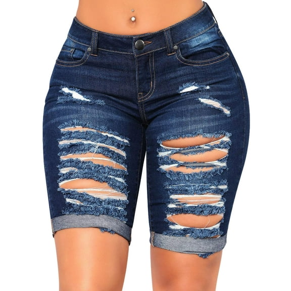 roswear Women's Distressed Knee Length Long Denim Shorts Ripped Stretchy Jean Shorts Dark Blue X-Large