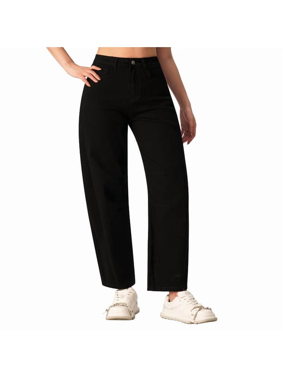 Women's High Waisted Stretchy Wide Leg Cropped Barrel Jeans, Size 4-16