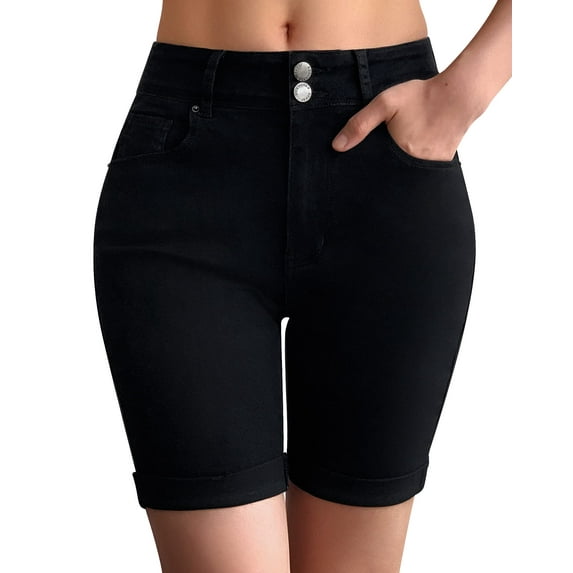 roswear Women's Mid Rise Skinny Butt Lifting Stretchy Bermuda Jeans Shorts Black Small