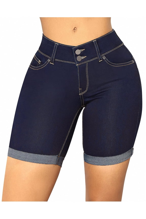 Women's Mid Rise Skinny Butt Lifting Stretchy Bermuda Jeans Shorts Dark Blue Large