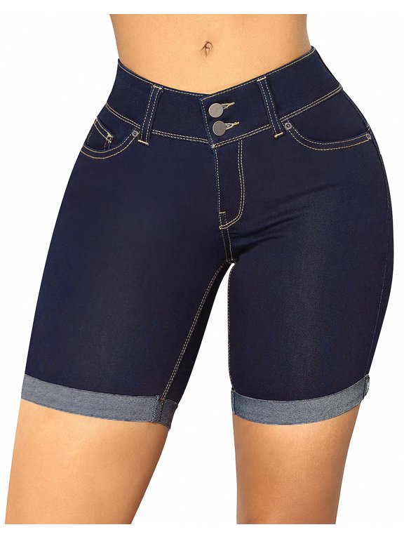 Women's Mid Rise Skinny Butt Lifting Stretchy Bermuda Jeans Shorts Dark Blue X-Large