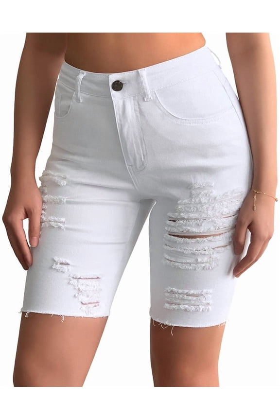 Women's Mid Rise Stretchy Denim Bermuda Shorts Frayed Hem Curvy Distressed Jean Shorts