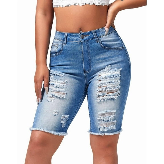 roswear Women's Mid Rise Stretchy Denim Bermuda Shorts Frayed Hem Curvy Distressed Jean Shorts