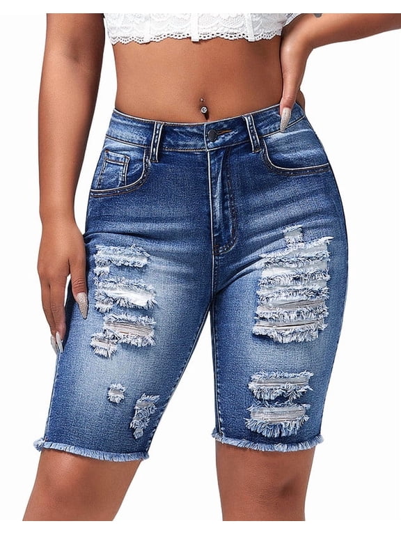 Women's Mid Rise Stretchy Denim Bermuda Shorts Frayed Hem Curvy Distressed Jean Shorts