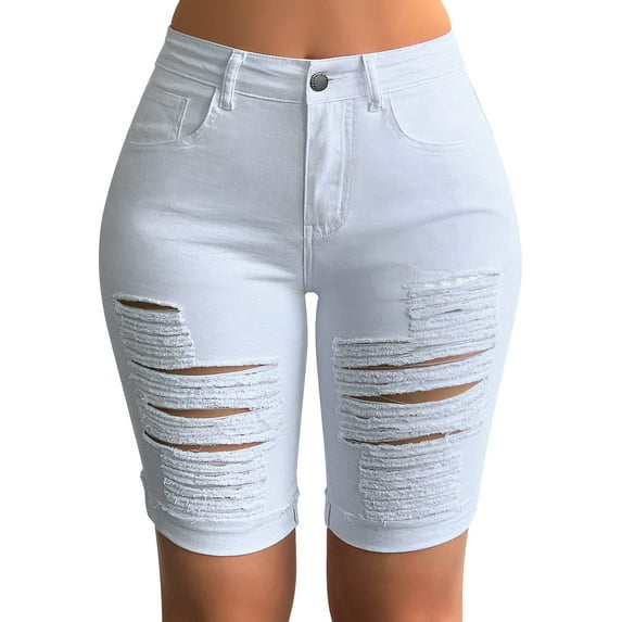 roswear Women's Ripped Denim Mid Rise Stretchy Bermuda Shorts Jeans 074 White X-Large