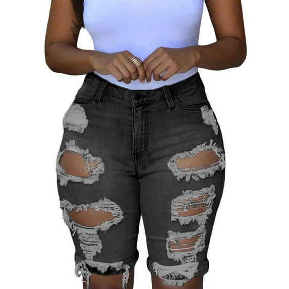 roswear Women's Ripped Denim Mid Rise Stretchy Bermuda Shorts Jeans Black Grey Medium