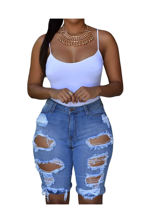 Women's Ripped Denim Mid Rise Stretchy Bermuda Shorts Jeans Light Blue Medium