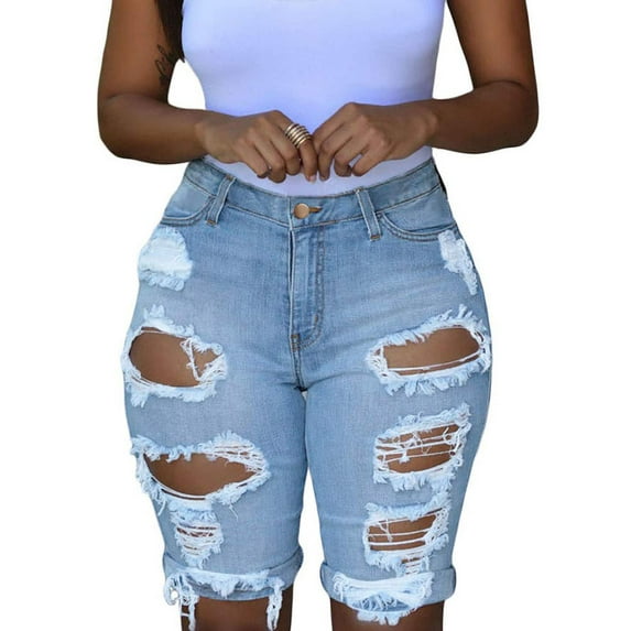 roswear Women's Ripped Denim Mid Rise Stretchy Bermuda Shorts Jeans Washed Blue X-Large