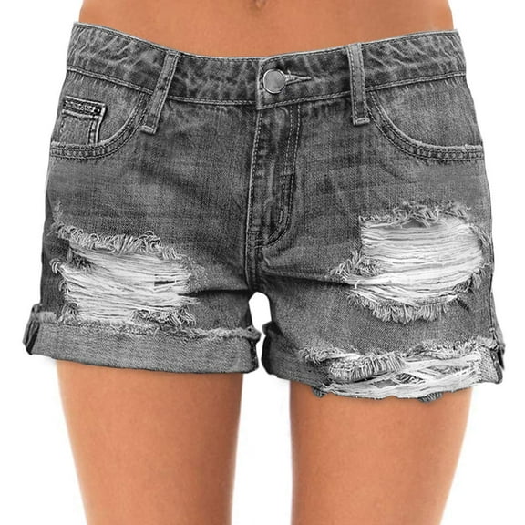 roswear Women's Ripped Mid Rise Stretchy Denim Jeans Shorts Grey Large