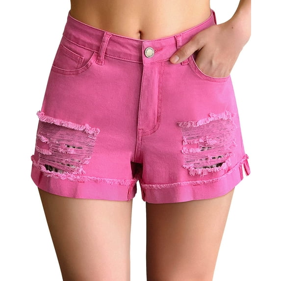 roswear Women's Ripped Mid Rise Stretchy Denim Jeans Shorts Pink X-Large