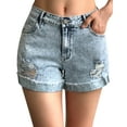 thumbnail image 1 of roswear Women's Ripped Mid Rise Stretchy Denim Jeans Shorts White Blue Large, 1 of 4