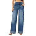 thumbnail image 1 of roswear Women's Stretchy Wide Leg Jeans Cuffed Denim Pants, 30" Inseam, Size 4-16, 1 of 6
