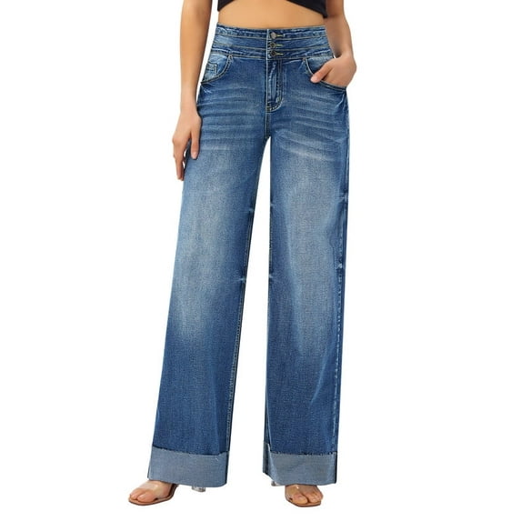 roswear Women's Stretchy Wide Leg Jeans Cuffed Denim Pants, 30" Inseam, Size 4-16