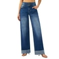 thumbnail image 1 of roswear Women's Stretchy Wide Leg Jeans Cuffed Denim Pants, 30" Inseam, Size 4-16, 1 of 6