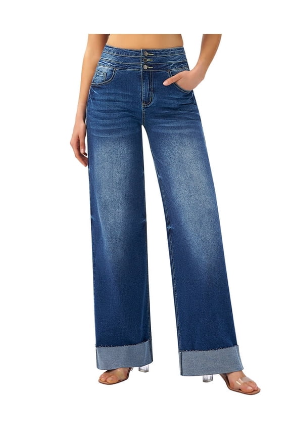 Women's Stretchy Wide Leg Jeans Cuffed Denim Pants, 30" Inseam, Size 4-16