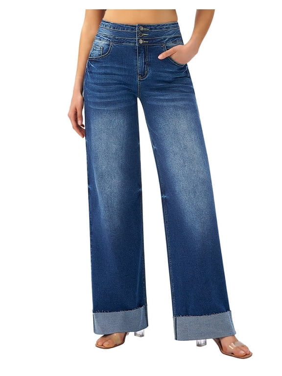 Women's Stretchy Wide Leg Jeans Cuffed Denim Pants, 30" Inseam, Size 4-16