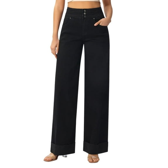 roswear Women's Stretchy Wide Leg Jeans Cuffed Denim Pants, 30" Inseam, Size 4-16