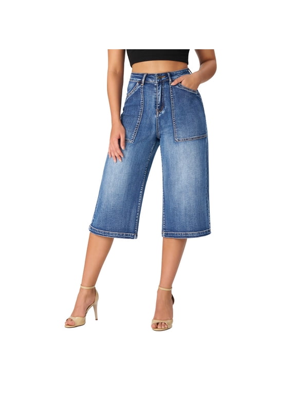 Women's Wide Leg Capri Pants Stretchy High Waisted Jeans, Sizes S-XL