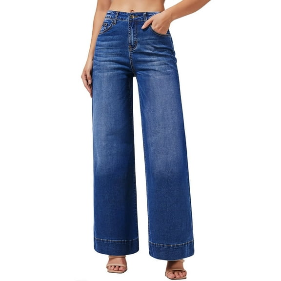 roswear Women's Wide Leg Jeans Stretchy Baggy Loose Fit Pants Trousers