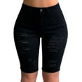 thumbnail image 1 of roswear Womens Destroyed Denim Ripped Mid Rise Bermuda Jean Shorts Black Small, 1 of 4