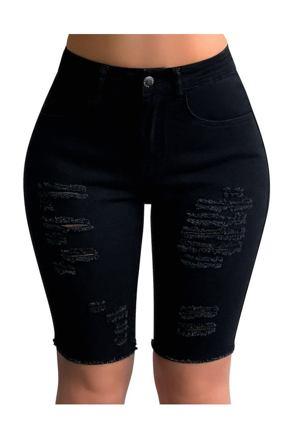 Womens Destroyed Denim Ripped Mid Rise Bermuda Jean Shorts Black XX-Large