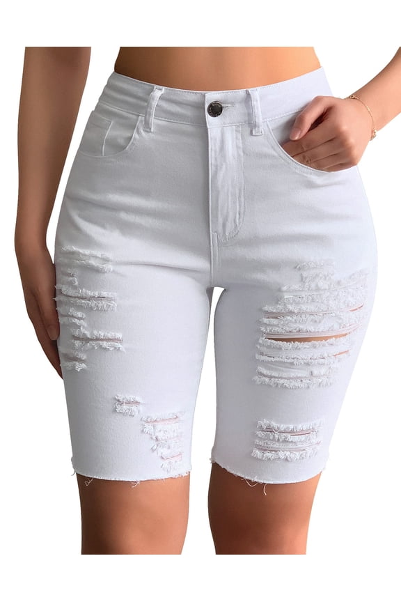 Womens Destroyed Denim Ripped Mid Rise Bermuda Jean Shorts White Large