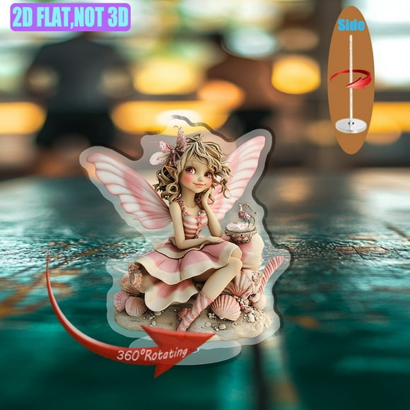 A rotating acrylic figurine featuring a whimsical fairy with pink-striped dress and dragonfly wings holding a crystal music box surrounded by pink seashells