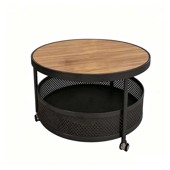 round coffee table with wheels 2 tier wood top mesh storage black mobile center table for living room apartment