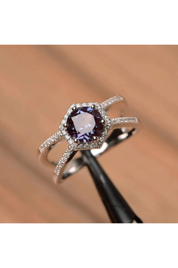 round cut alexandrite ring engagement ring June birthstone 14K Solid White Gold Ring wedding ring