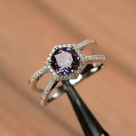 round cut alexandrite ring engagement ring June birthstone 14K Solid White Gold Ring wedding ring