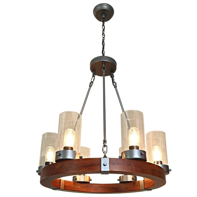 round farmhouse light Chandelier Fixtures Hanging Pendant Island rustic Brown wood Mount Ceiling