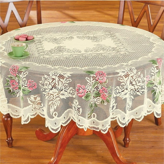 round tablecloths 70 inch Lace Rose Fabric Round Tablecloth Gold Floral crochet Coffee Table Cover Classic Dustproof Table Protector for Dining Room Picnic Wedding Party Banquet Home Decor