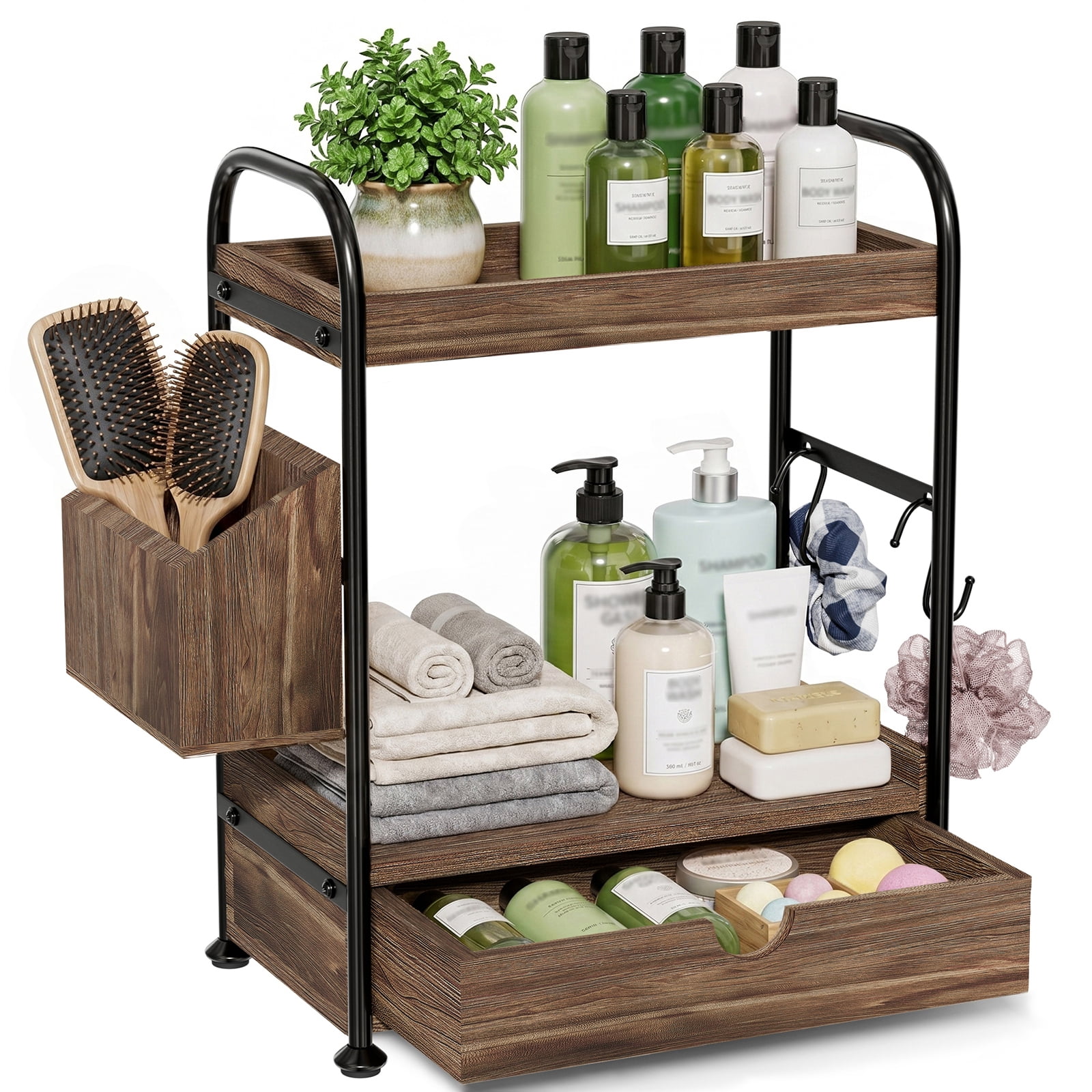 2 Tier Bathroom Counter Organizer with Drawer, Wooden Vanity Skincare Storage Shelf with Thickened Iron Frame, Countertop Shelves with Basket and Hooks for Bathroom Makeup Organization (Dark Brown)