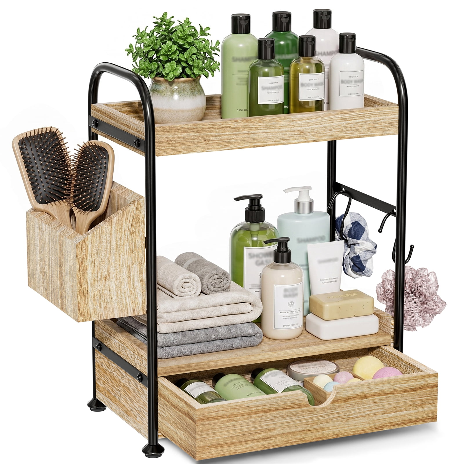 2 Tier Bathroom Counter Organizer with Drawer, Wooden Vanity Skincare Storage Shelf with Thickened Iron Frame, Countertop Shelves with Basket and Hooks for Bathroom Makeup Organization (Light Brown)