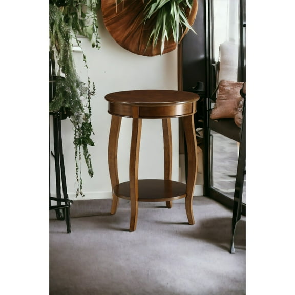 round walnut accent table, wooden top & shelf, open storage, farmhouse style decor