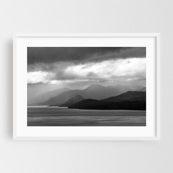 In a row - San Carlos de Bariloche Río Negro Province Argentina Photography Black and White Landscape Mountain Nature Scenic Coast Water White Framed Wall Art Print 5 x 7 inches