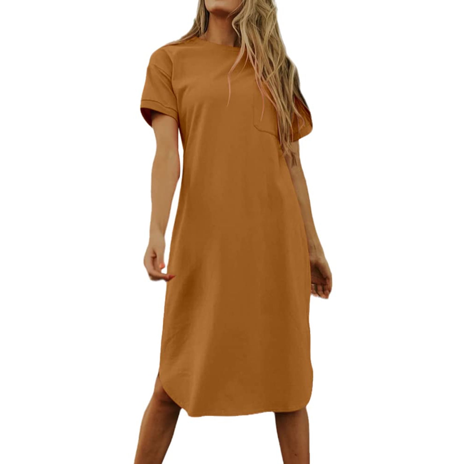 rrhss Midi Dresses Summer Women Crew Neck Solid Basic TShirts Sundress Short Sleeve Casual