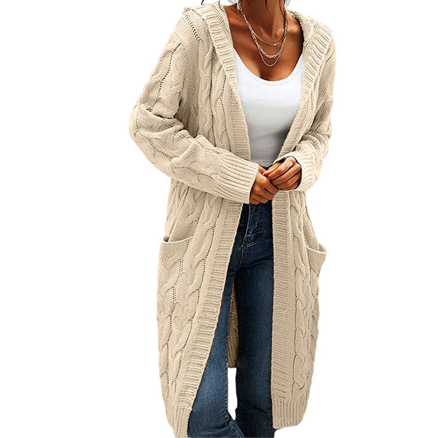 rrhss Women Hooded Open Front Cardigan Cable Knit Sweaters Solid Chunky Long Sweater Coats with Pockets Walmart