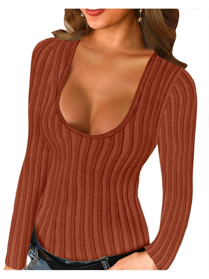 【THEVINYLHOUSE】 ★ Cut Off West Swestshirt ★ 大人気 rrhss Women Sexy Sweaters Low Cut Scoop Neck Bodycon Long