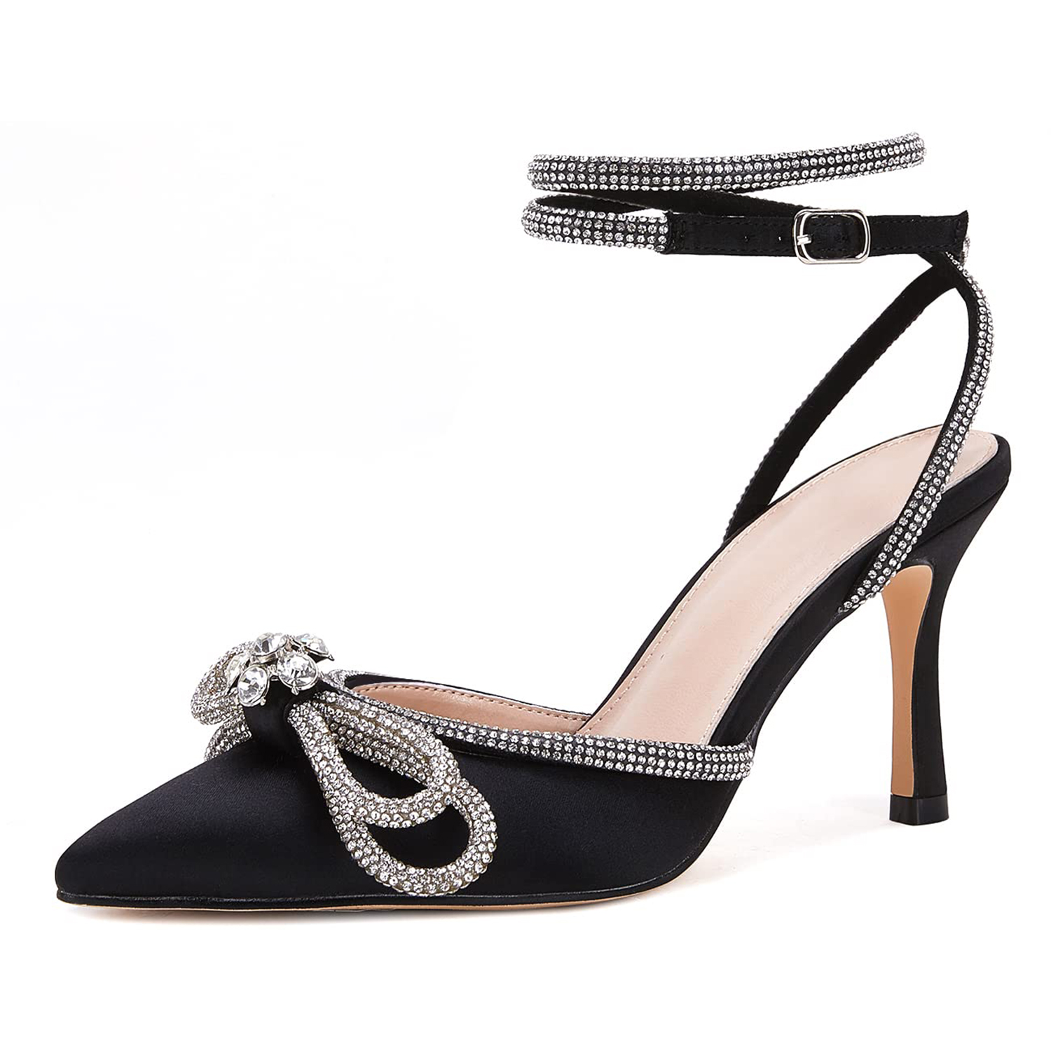 LauraVicci Women's Crystal Rhinestone Bow Mules - Pointed Toe Stiletto Heel Backless Sandals