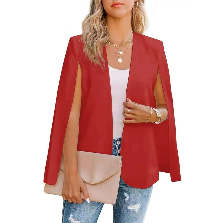 Doubauen Rrhss Womens Cape Blazer Split Sleeve Open Front Casual Jacket Coat Workwear Women s Size 2XL Red