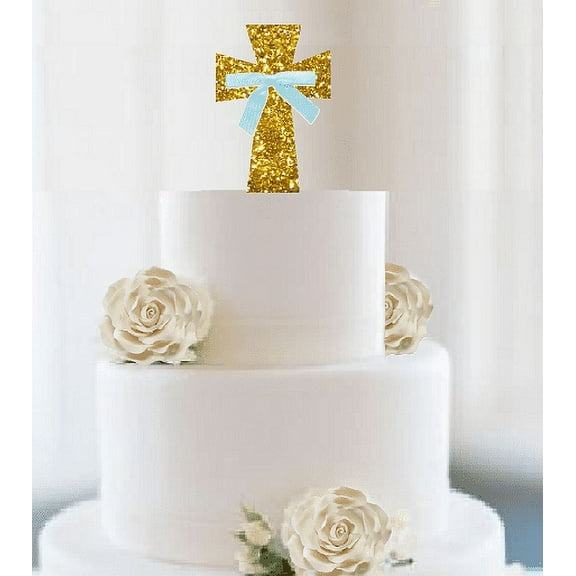 rst Communion / Christening / Baptism / Wedding Cake & Cupcake Decoration Toppers Super Gold Glitter Cross with Blue Bow