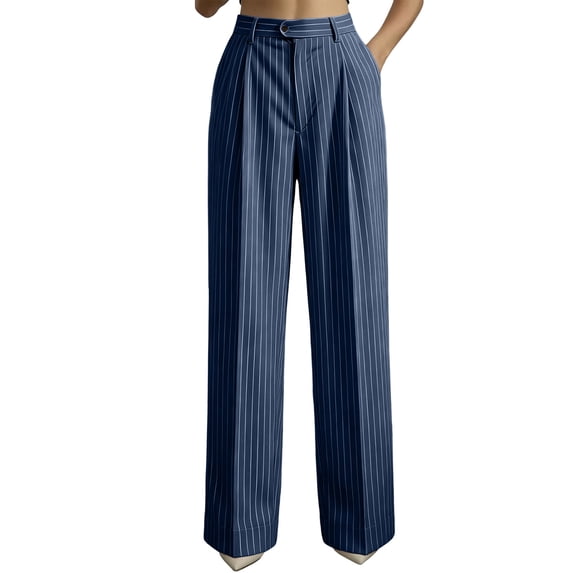 rsteoinp Wide Leg Pants for Women Fall Striped Dressy Casual High Waist Trousers Baggy Trendy Button Business Office Pants(Navy,XX-Large)