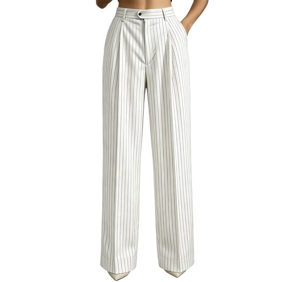 rsteoinp Wide Leg Pants for Women Fall Striped Dressy Casual High Waist Trousers Baggy Trendy Button Business Office Pants(White,X-Large)