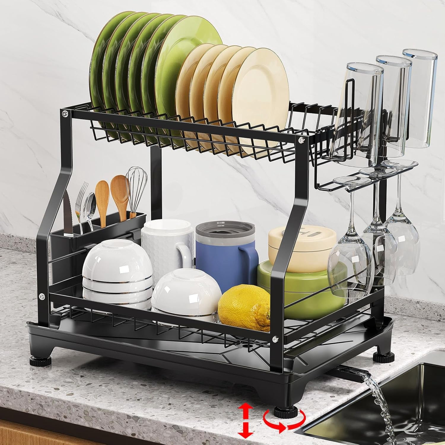 rtyvcg Dish Drying Rack for Counter 2 Tier Dish Drainer with 360 ...