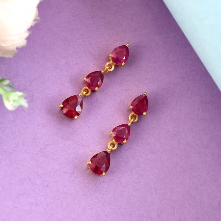 ruby earrings,red ruby earrings,natural ruby earrings,pear shape rubies dangler,18 kt gold plated silver earrings,drop earrings
