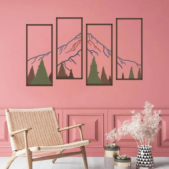 ESTART 4 PCS Metal Mountain and Forest Wall Art, Colorful Rustic Nature Landscape Decor for Living Room, Bedroom, or Office (Middle)