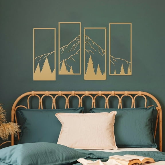 ruelen 4 Pcs Metal Mountain and Forest Wall Decor Line Drawing Wall Art Abstract Minimalist Wall Decor Rustic Nature Home Wall Art Sculpture for Home Office Bedroom Bathroom Living Room (Gold, Small)