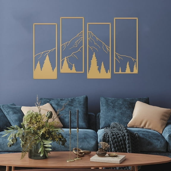 ESTART 4 PCS Gold Metal Mountain and Forest Wall Art, Minimalist Line Sculpture Nature Decor for Home or Office (Large)