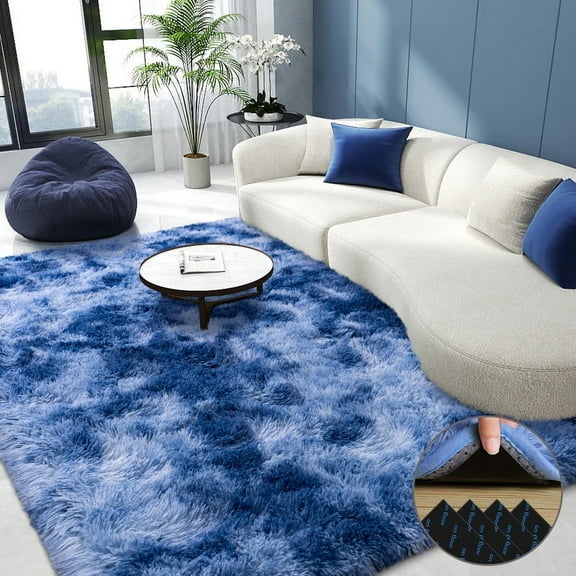 rug 5x7ft Area Rug for Bedroom, Red Rugs for Living Room Nursery Kids Room Dorm Home Decor Aesthetic, Fluffy Shaggy Rug with 4 Anti-Slip Carpet Tapes Non-Slip Stickers Tie-Dye Blue